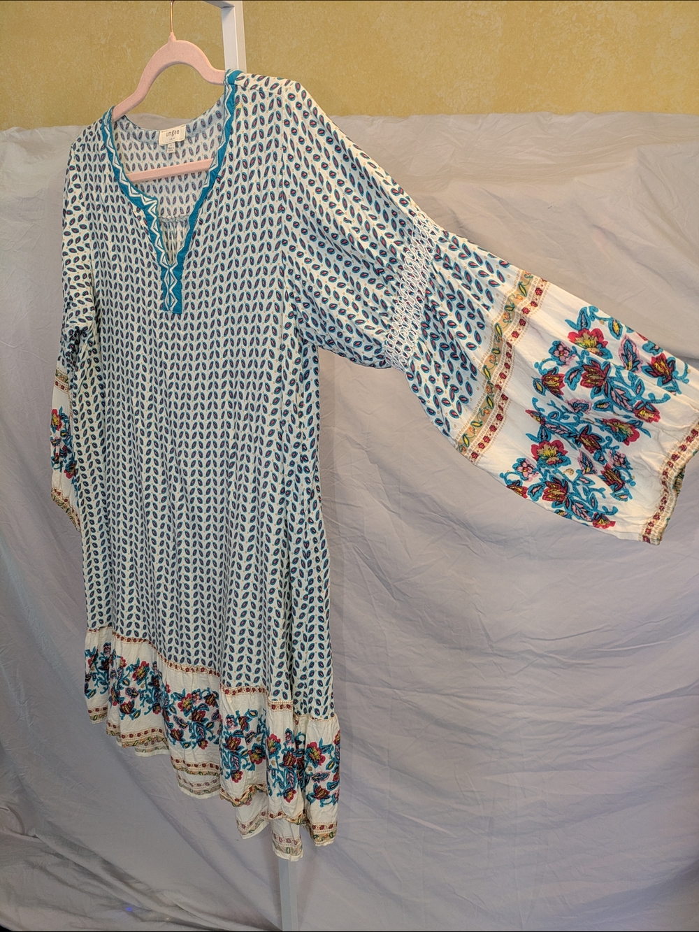 Umgee Boho Bell Sleeve Floral Tunic Dress Blue White Pink Size Large